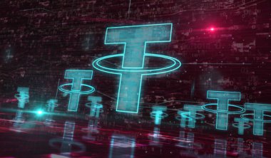 Bağlı durağan bozuk para engelleme kripto para birimi ve USDT dijital para sembolü dijital konsept. Ağ, siber teknoloji ve bilgisayar arkaplanı soyut 3D resimleme.