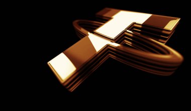 Bağlı durağan bozuk para engelleme kripto para birimi ve USDT dijital para altın metal parlaklık sembolü konsepti. Görkemli parlama ve yansıtma ışığı simgesi soyut nesne 3d illüstrasyon.