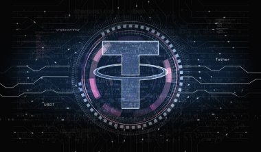 Bağlı durağan bozuk para engelleme kripto para birimi ve USDT dijital para sembolü dijital konsept. Ağ, siber teknoloji ve bilgisayar arkaplanı soyut 3D resimleme.