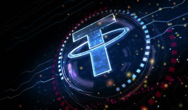 Bağlı durağan bozuk para engelleme kripto para birimi ve USDT dijital para sembolü dijital konsept. Ağ, siber teknoloji ve bilgisayar arkaplanı soyut 3D resimleme.