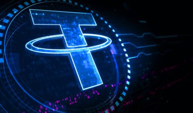 Bağlı durağan bozuk para engelleme kripto para birimi ve USDT dijital para sembolü dijital konsept. Ağ, siber teknoloji ve bilgisayar arkaplanı soyut 3D resimleme.