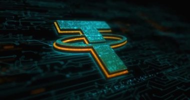 Bağlı sabit para zinciri kripto para birimi ve USDT dijital para renklendirme sembolü konsepti. Ağ, siber teknoloji ve bilgisayar arkaplanı soyut 3d canlandırması.