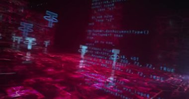 Bağlı durağan para engelleme zinciri kripto para birimi ve USDT dijital para sembolü soyut siber konsept. Dijital teknoloji arka planı pürüzsüz ve döngüsel dinamik 3D animasyon.