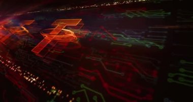 Devre arkaplanında, sabit para zinciri kripto para birimi ve USDT dijital para hologramı sembolü görünüyor. Ağ ve siber teknoloji soyut kavram 3D kusursuz ve döngü animasyonu.