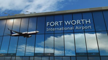 Fort Worth, Dallas, Texas 'a inen uçaklar 3 boyutlu resimleme yapıyor. Cam havaalanı terminali ve jet uçağının yansıması ile şehre varış. Seyahat, iş, turizm ve ulaşım.
