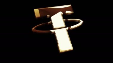 Bağlı durağan bozuk para engelleme kripto para birimi ve USDT dijital para altın metal parlaklık sembolü konsepti. Görkemli parlama ve yansıma ışığı ikonu soyut 3D animasyon. Ayrı nesne.