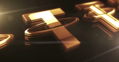 Bağlı durağan bozuk para engelleme kripto para birimi ve USDT dijital para altın metal parlaklık sembolü konsepti. Görkemli parlama ve yansıma ışığı ikonu soyut. Kusursuz ve döngülü 3D canlandırma.