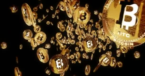 Bitcoin Btc Criptovaluta Isolato Volare Tra Sfondo Monete Oro Rotazione — Video Stock