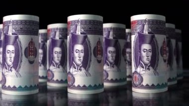 Moğol Togrog, Tugrik para ruloları 3D animasyon döngüsü. Kamera MNT 'nin önünde hareket ediyor. Moğolistan 'da kusursuz bir ekonomi, finans, iş ve borç kavramı.