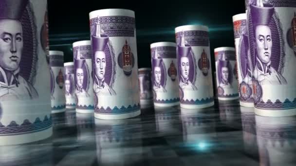 蒙古陀罗 图格里克滚动回圈3D动画 钱在桌子上 蒙古经济 商业和衰退的无缝隙和易碎的抽象概念 Mnt滚动式钞票之间的相机 — 图库视频影像