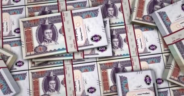 Mongolia Crown Banknotes Animación Vista Cámara Desde Cerca Larga Distancia — Vídeo de stock