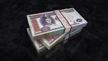 Moğol Togrog, Tugrik para yığını. Moğolistan 'da ekonomi, bankacılık, iş, kriz, durgunluk, borç ve finansman kavramları. 100 MNT banknotları 3D animasyon yığınları.