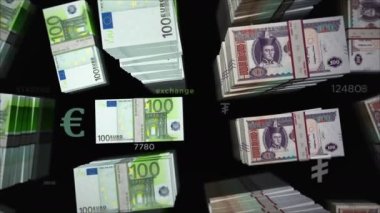 Euro ve Moğolistan Togrog, Tugrik para değişimi. Kağıt banknotlar tomar tomar. Ticaret, ekonomi, rekabet, kriz, bankacılık ve finans kavramı. Döngüsüz 3D canlandırma notaları.