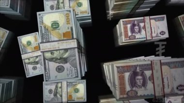 Amerikan Doları ve Moğolistan Togrog, Tugrik para değişimi. Banknotlar tomar tomar. Ticaret, ekonomi, rekabet, kriz, bankacılık ve finans kavramı. Döngüsüz 3D notalar.