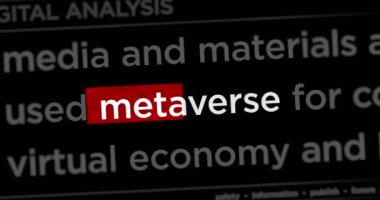 Sanal gerçeklik araştırmalarında Metaverse, siber uzay simülasyonu ve yaşam ile uluslararası web medyasında haber başlıkları. Dinamik görüntüler hakkında internet başlığı bilgisinin soyut konsepti animasyon oluşturur.