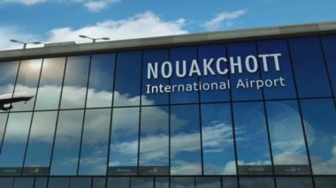 Moritanya, Nouakchott 'a inen uçak animasyon yapıyor. Cam havaalanı terminali ve jet uçağının yansımasıyla şehre vardık. Seyahat, iş, turizm ve ulaşım kavramı.