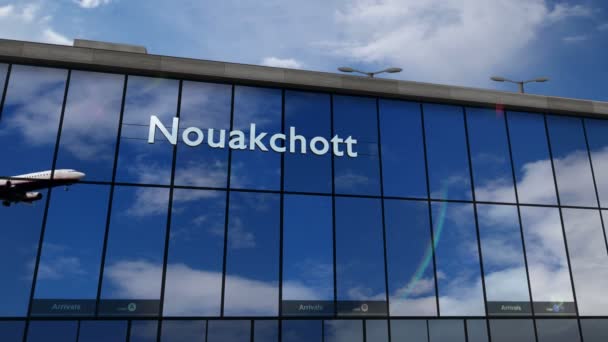 Avión Aterrizaje Nouakchott Mauritania Animación Renderizado Llegada Ciudad Con Terminal — Vídeos de Stock