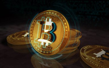 Bitcoin BTC kripto altın sikke yeşil ekran arka planda. Soyut konsept 3d illüstrasyon.