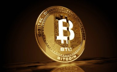 Bitcoin BTC kripto altın sikke yeşil ekran arka planda. Soyut konsept 3d illüstrasyon.