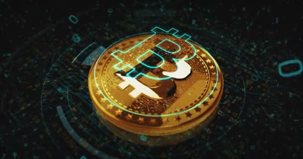 Bitcoin Btc Cryptocurrency Golden Coin Turning Camera Rotates Metal Glow — Stock Video