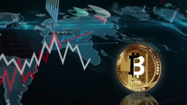 Bitcoin Btc Criptomoeda Moeda Ouro Virando Sobre Gráfico Gráfico Tendência — Vídeo de Stock