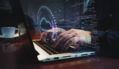 Bulut bilgisayarı, çevrimiçi depolama, internet sunucusu ve klavye yazan adam. Eller dizüstü bilgisayarda. Ağ, siber teknoloji ve özet kavram.