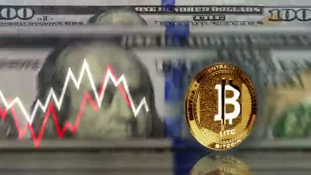 Bitcoin Btc Cryptogeld Gouden Munt Meer Dan 100 Dollar Bankbiljetten — Stockvideo