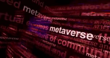 Uluslararası medyada Metaverse, siber uzay simülasyonu ve sanal gerçeklikte yaşam ile manşet haber. Gürültü görüntüleme döngüsündeki haber başlıklarının soyut konsepti. TV arıza efekti pürüzsüz ve döngülü.