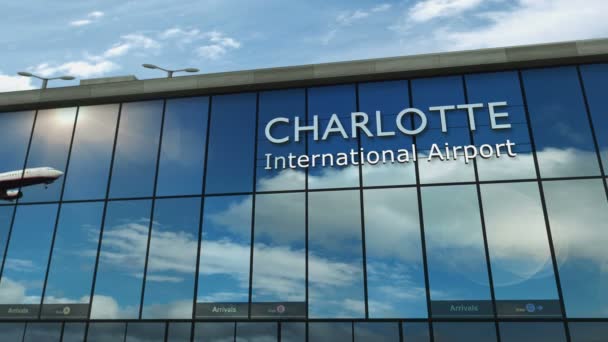 Avión Aterrizaje Charlotte Carolina Del Norte Animación Renderizado Llegada Ciudad — Vídeos de Stock