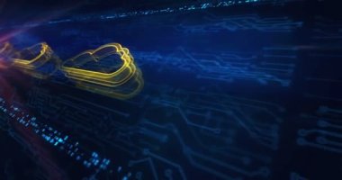 Bulut bilgisayarı, çevrimiçi depolama ve internet sunucusu hologram sembolü elektronik devre arka planında görünür. Ağ, siber teknoloji ve bilgisayar soyut kavramı 3D kusursuz ve döngüsüz.