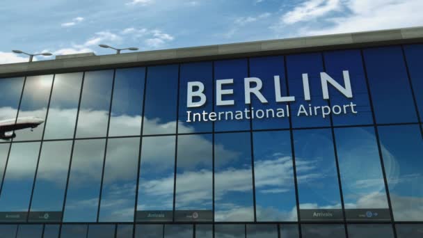 Berlin Almanya Inen Uçak Animasyon Yapıyor Cam Havaalanı Terminali Jet — Stok video