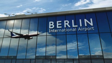 Berlin, Almanya 'ya inen uçaklar üç boyutlu resimleme yapıyor. Cam havaalanı terminali ve jet uçağının yansıması ile şehre varış. Seyahat, iş, turizm ve ulaşım.
