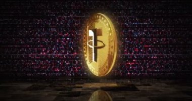 USDT bağlayıcı ahır bozuk para kripto altın sikke dijital ekran döngülü arka plan. Dönen altın metal döngüsü soyut kavram. 3B döngü kusursuz canlandırma.