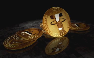 USDT bağlayıcı ahır bozuk para kripto altın para yeşil ekran arka planda. Soyut konsept 3d illüstrasyon.