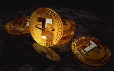 USDT bağlayıcı ahır bozuk para kripto altın para yeşil ekran arka planda. Soyut konsept 3d illüstrasyon.