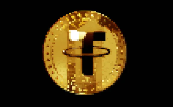 Tether Usdt Stablecoin Cryptocurrency Gold Coin Retro Pixel Mosaic 80S — Stock Photo, Image