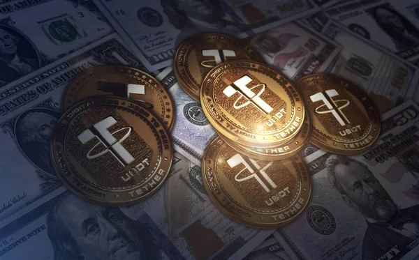 Usdt Nin Kripto Altın Sikkesini Dolar Banknotlarının Üzerine Bağla Çevrimiçi — Stok fotoğraf