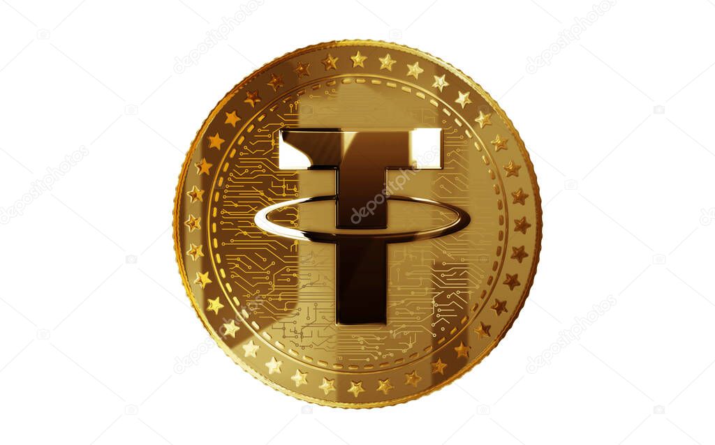 Tether USDT stablecoin cryptocurrency isolated gold coin on green screen background. Abstract concept 3d illustration.
