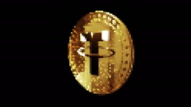 USDT bağlayıcı ahır bozuk para kripto altın sikke retro piksel mozaik 80 'ler tarzında. Dönen altın metal döngüsü soyut kavram. 3B döngü kusursuz döngü.
