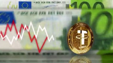 USDT 'nin sabit para kripto altın sikkesi 100 Euro' dan fazla. Arka planda not sayma ve çizelge çizgisi. Döngüsüz ve pürüzsüz 3D soyut kavram.