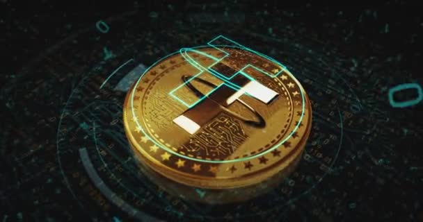 Tether Usdt Stablecoin Cryptocurrency Golden Coin Turn 카메라는 금속빛나는 동전을 — 비디오