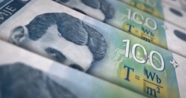 Sırp dinar banknot döngüsü. RSD para dokusu. Sırbistan 'da ekonomi, ticaret, kriz, bankacılık, durgunluk, borç ve finans kavramı. Notayı kaydırıyorum. Döngüsüz 3D canlandırma.