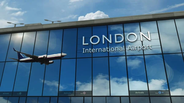 Vliegtuigen Landen Londen Engeland Weergave Illustratie Aankomst Stad Met Glazen — Stockfoto