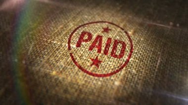 Doğal keten çuvala imzalı damga. Çek, vergi ve para ödeme sembolü 3D tasarlanmış soyut kavram. Döngüsüz ve kusursuz animasyon.