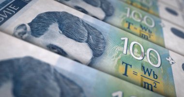 Sırp dinar parası 3D illüstrasyon basıyor. RSD banknot baskısı. Sırbistan 'da finans, nakit, ekonomi krizi, iş başarısı, durgunluk, banka, vergi ve borç kavramı.