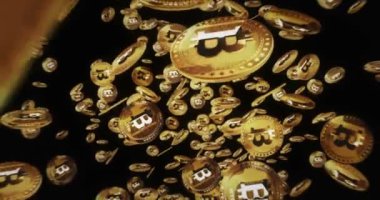 Bitcoin BTC kripto para birimi altın paraların arasında uçuyor. Dönen altın metal madeni paralar soyut kavram kalıplarını döndürür. Döngüsüz ve kusursuz animasyon.