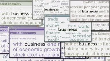 Bilgisayar ekranında ticaret, ticaret, ticaret ve ekonominin olduğu pencereleri aç. Medya boyunca haber başlıklarının soyut konsepti. Kusursuz ve döngülü ekran canlandırması.
