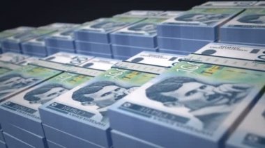 Sırp dinar banknotları büyüme döngüsünü hızlandırdı. RSD para yığınları. Sırbistan 'da nakit paketi, bankacılık, seyahat, iş, ekonomi ve finans kavramı. Döngüsüz 3D canlandırma.