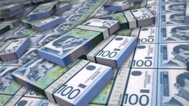 Sırp dinar banknot döngüsü. RSD para yığınları. Sırbistan 'da iş, ekonomi, bankacılık ve finans kavramı. Para paketlerinin üzerinde kamera var. Döngüsüz 3D canlandırma.