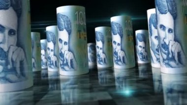 Sırp dinar ruloları 3D döngü animasyonu. Masada para var. Sırbistan 'da ekonomi, finans, ticaret ve durgunluk gibi kusursuz ve döngüsüz bir kavram. RSD ile banknotlar arasındaki kamera.